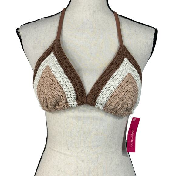 Xhilaration Large Triangle Crochet Bikini Swim Top Padded Stretch V-Neck Brown - Picture 1 of 8